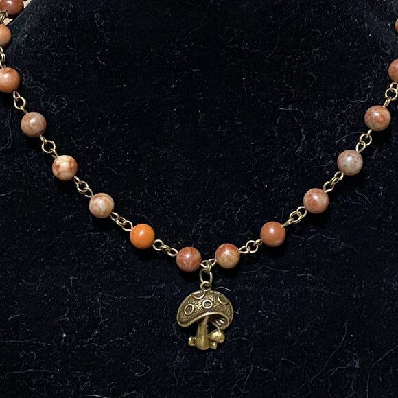 Earthy Polychrome Jasper Necklace, Cute Bronze Round Mushroom + Genuine Gemstone - Picture 3 of 15